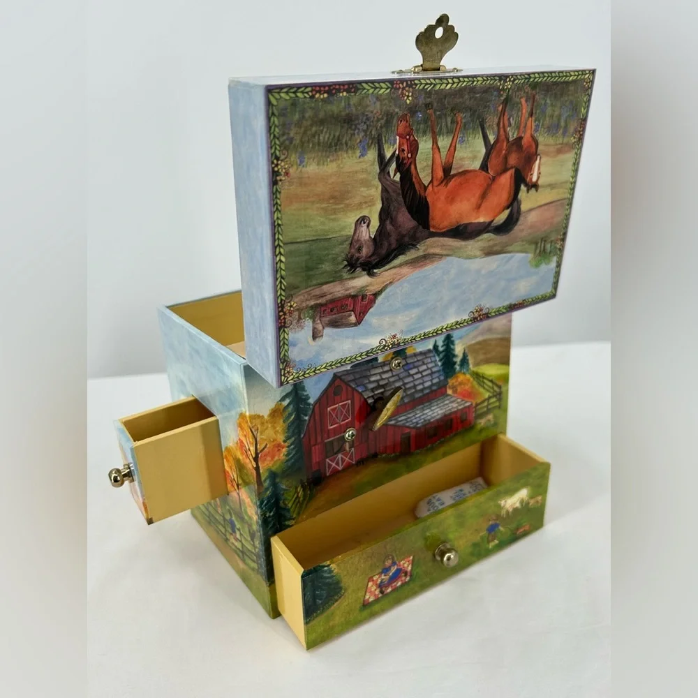 Jewelry Keepsake Music Box‎ Wind Up Music and Twirling Horse Lots of Drawers