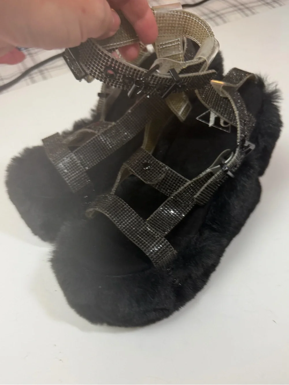Y.R.U. X Dolls Kill Black Gravity Bling FauxFur Rhinestone Platform Sandal NWT 7
