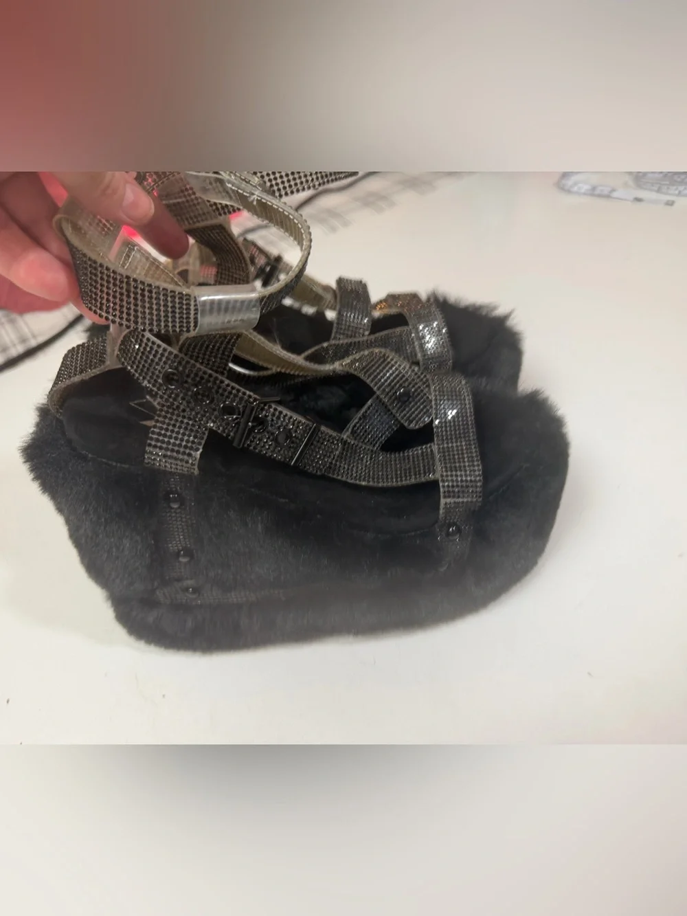 Y.R.U. X Dolls Kill Black Gravity Bling FauxFur Rhinestone Platform Sandal NWT 7