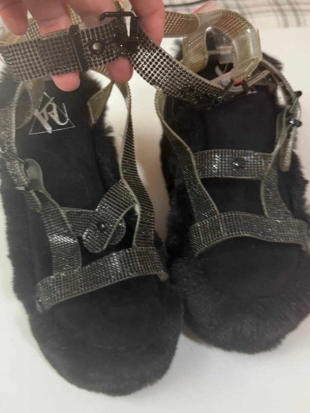 Y.R.U. X Dolls Kill Black Gravity Bling FauxFur Rhinestone Platform Sandal NWT 7