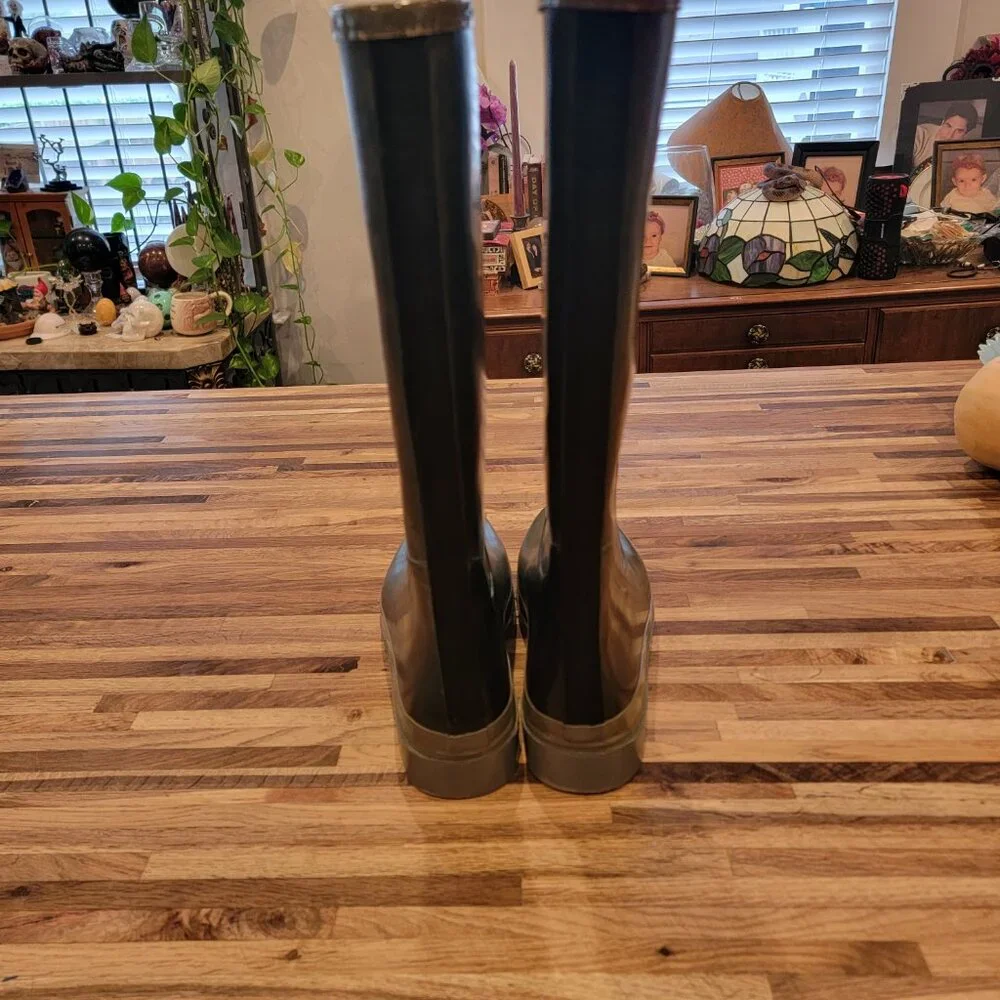 Tory Burch Tall Logo Black & Gray Rubber Rain Boots