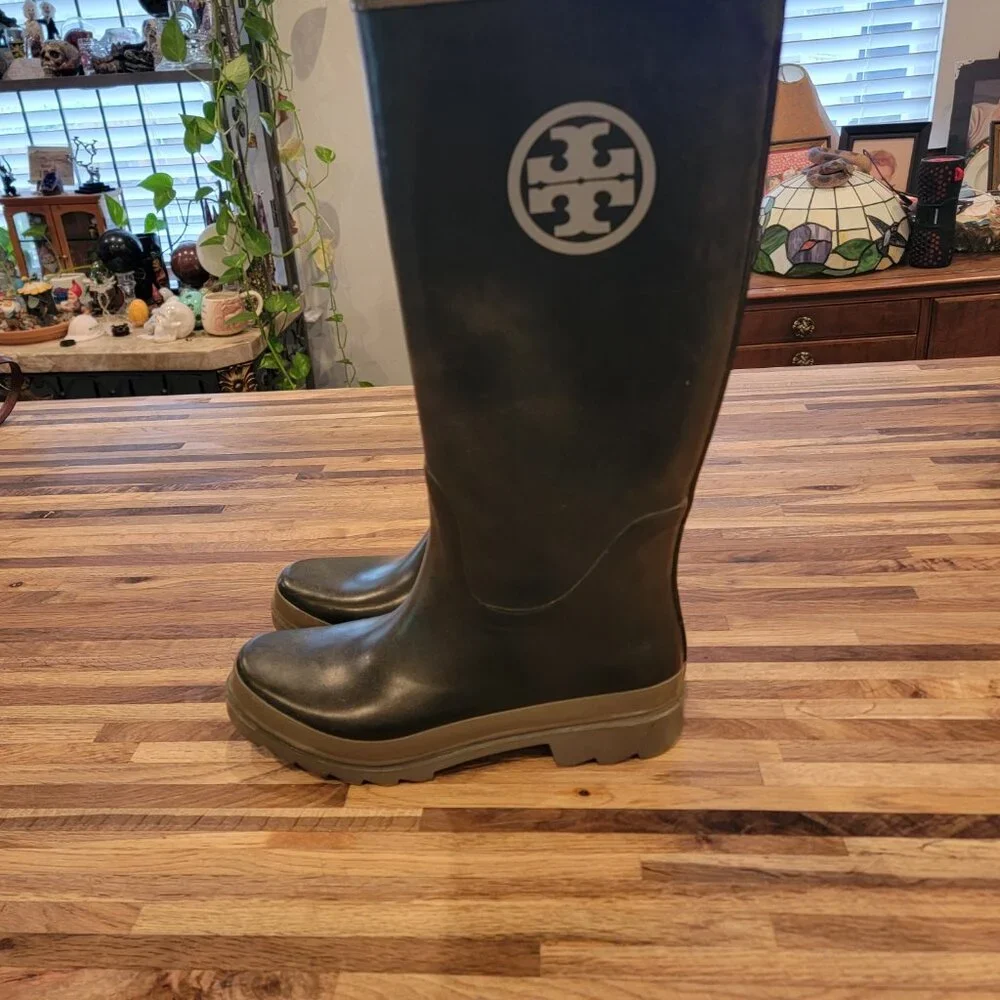 Tory Burch Tall Logo Black & Gray Rubber Rain Boots