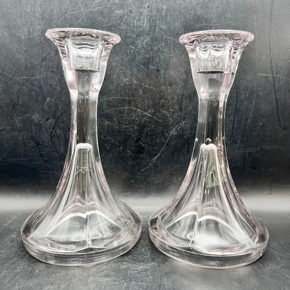 Vtg Pressed Glass Candlestick Holders Pair Fluted Pedestal Taper Set‎ 6.5in