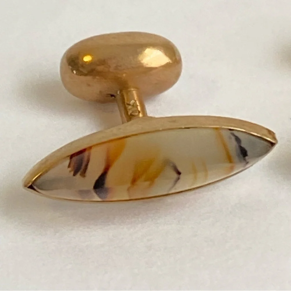 Art Deco‎ 10K Gold Agate Cufflinks Marquis Cut Mens Antique Vintage 40s 50s