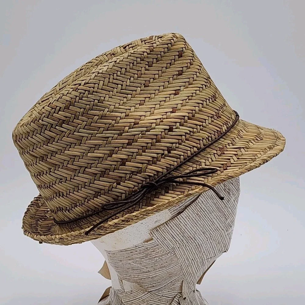 Vintage 2012 Women Straw Fedora Thin Band Detail Natural Plant Material One Size