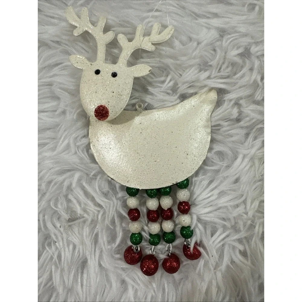 Vintage Pier‎ 1 White Glitter Reindeer Bobble Head Red And White Dangle Legs