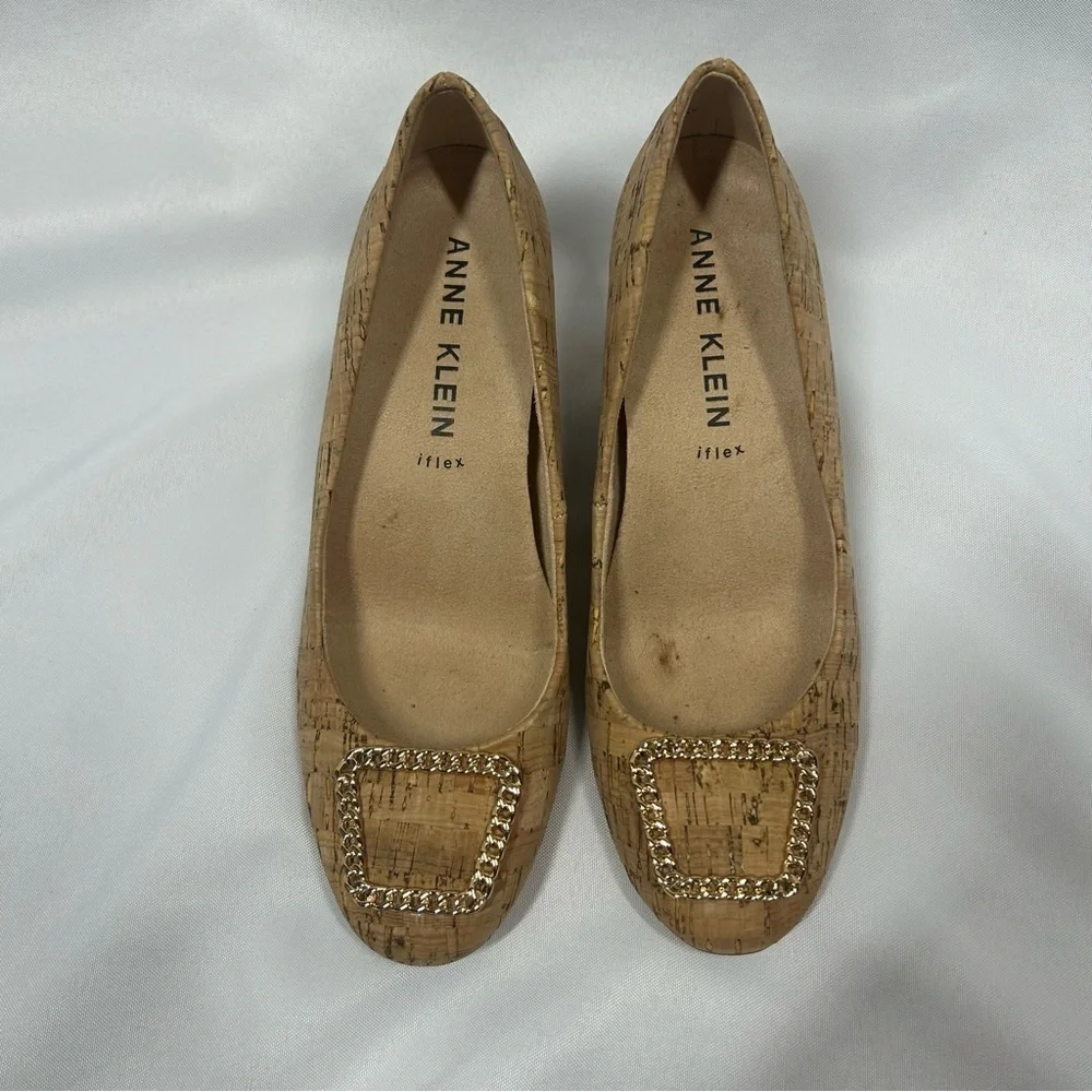 Anne Klein | Shantell iFlex Cork Wedges Gold Chain Heels Tan Women’s Size 7.5