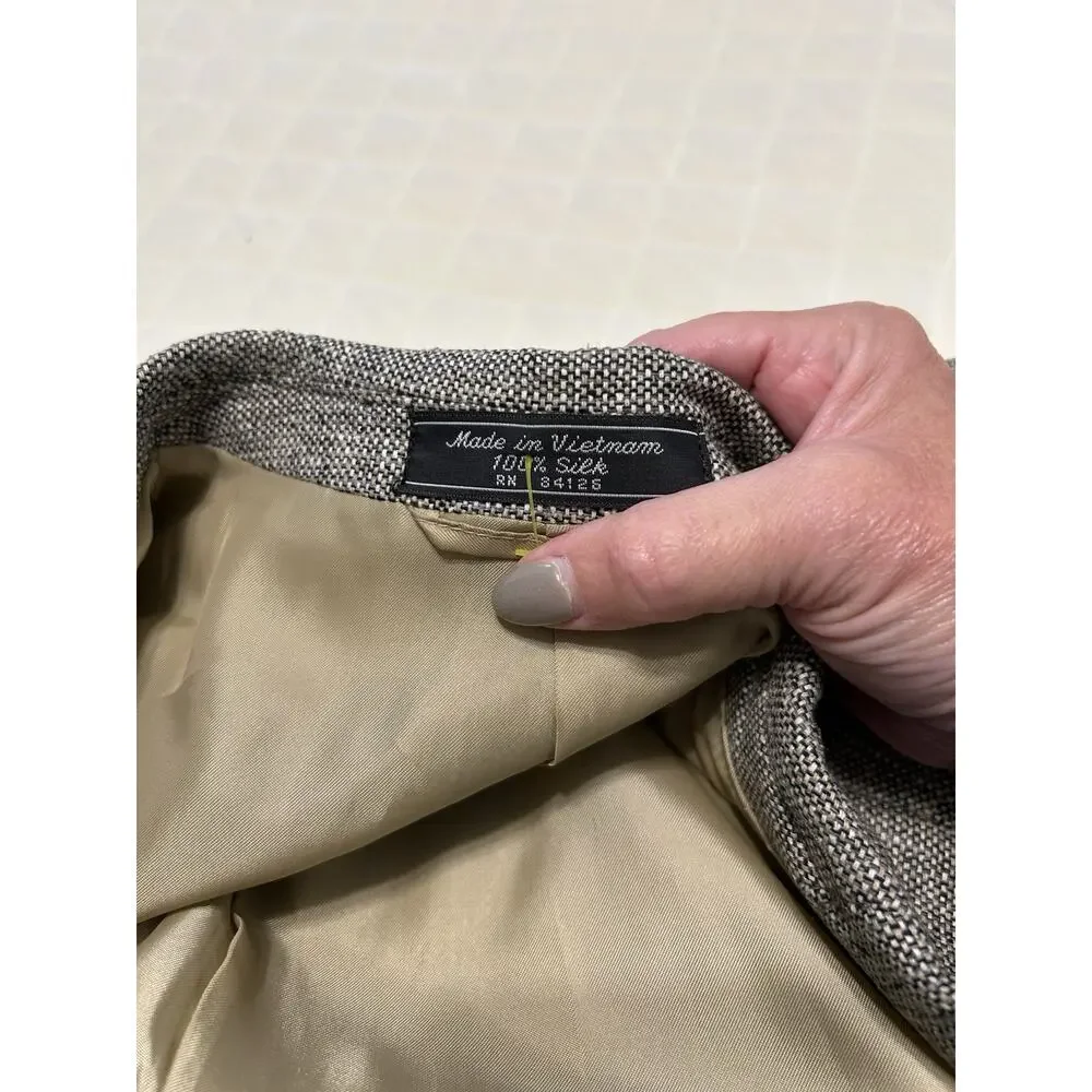 Meeting Street Mens 42L 100% Silk Blazer Gray Tan‎ Tweed Sports Coat Work Jacket