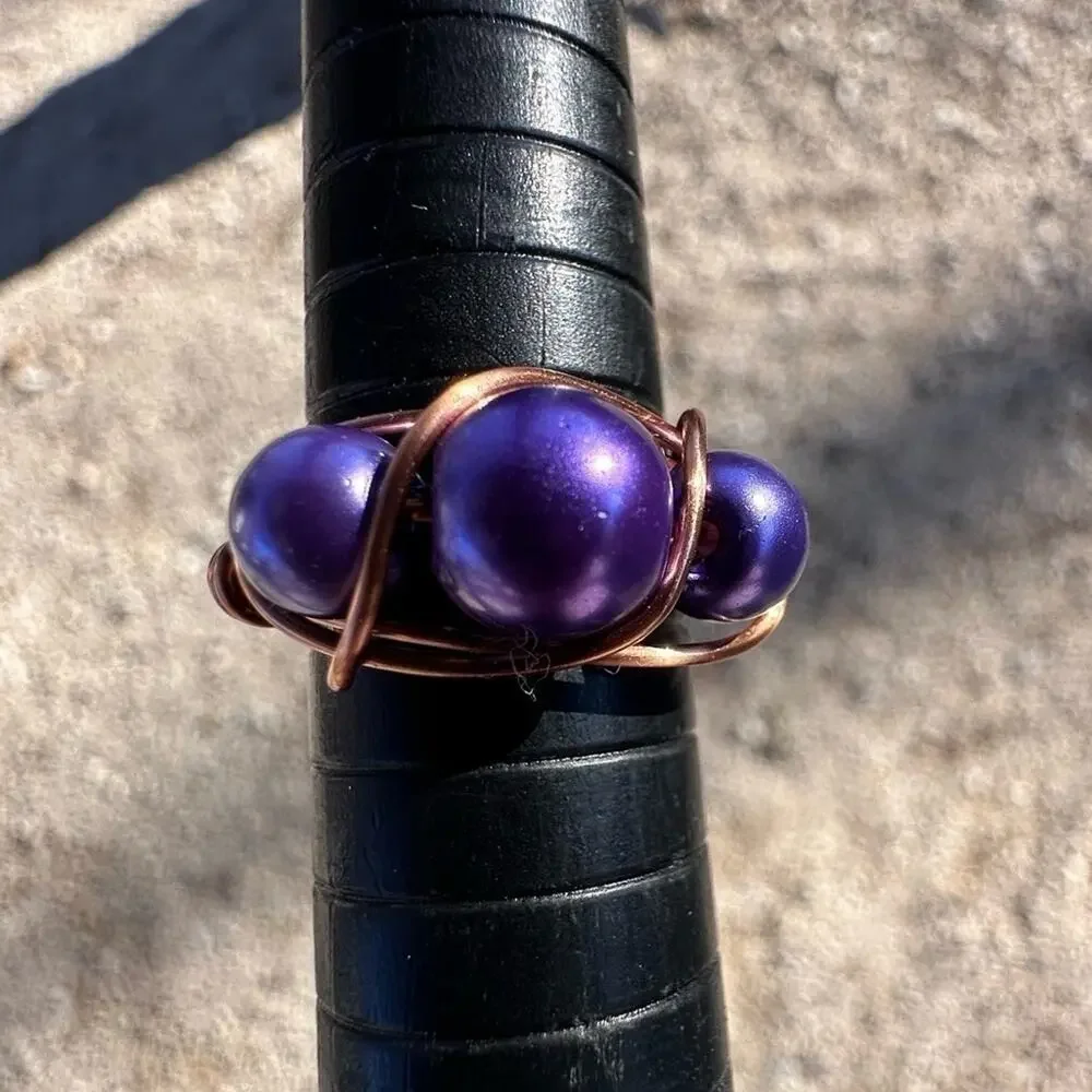 Handmade purple faux pearl copper ring