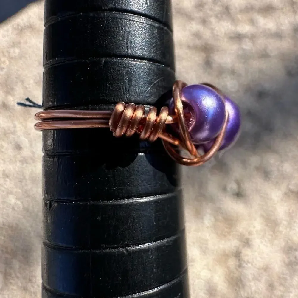 Handmade purple faux pearl copper ring