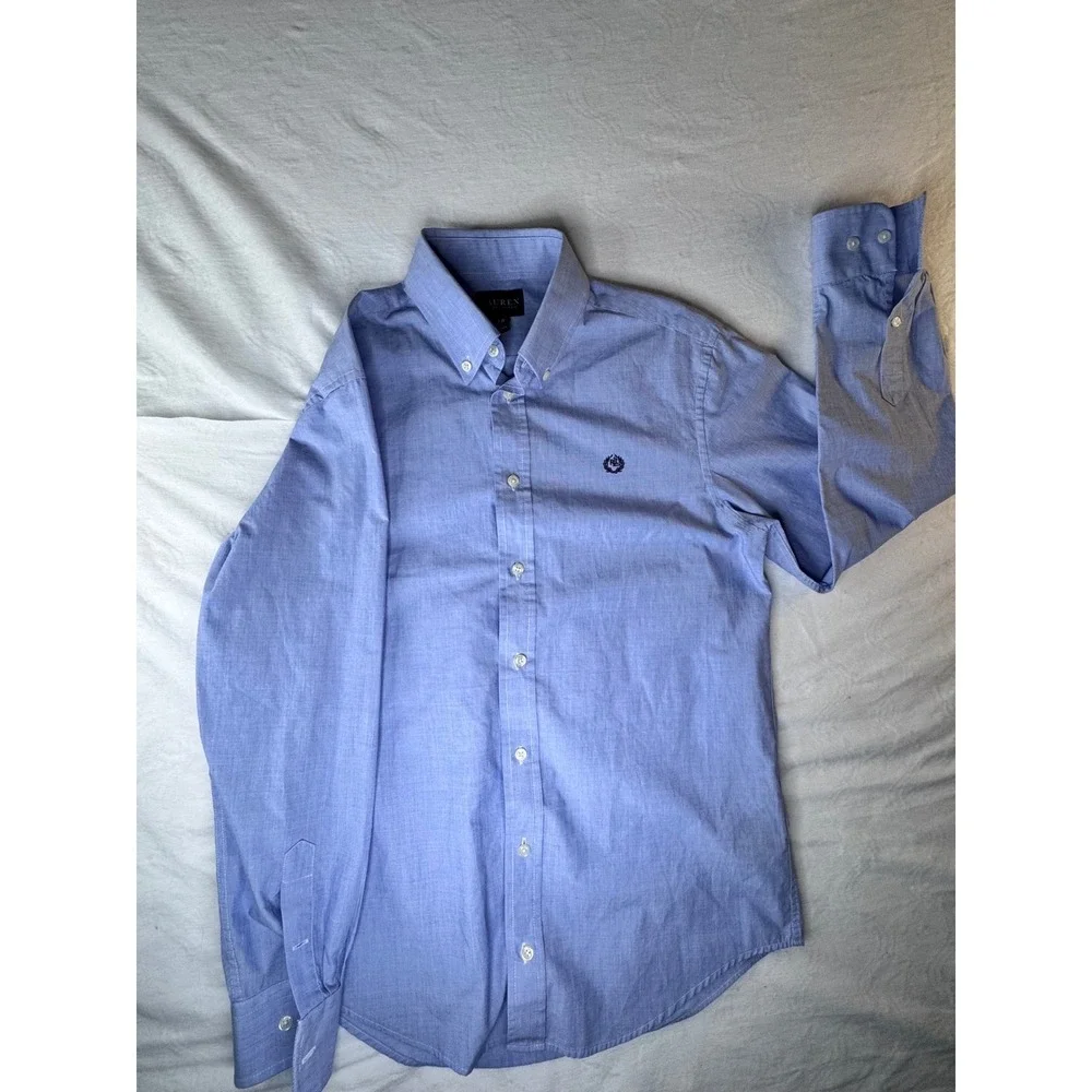 Ralph‎ Lauren Button Down Shirt Kids L Blue Crest Logo Long Sleeve