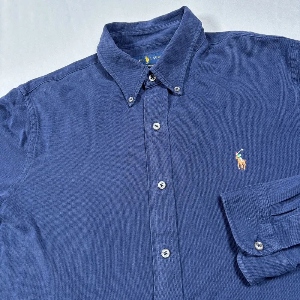 Ralph Lauren Knit Oxford Shirt Mens Large Blue Long Sleeve Button Down Pony Logo
