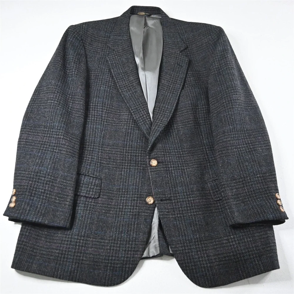 Vtg USA Made 44S Gray Check 100% Wool Tweed Mens Blazer Suit‎ Jacket Sport Coat