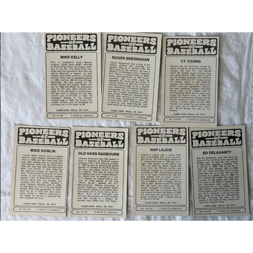 1974 Fleer Pioneers of Baseball Large Format 7 Card Lot Cy Young HOF Near Mint