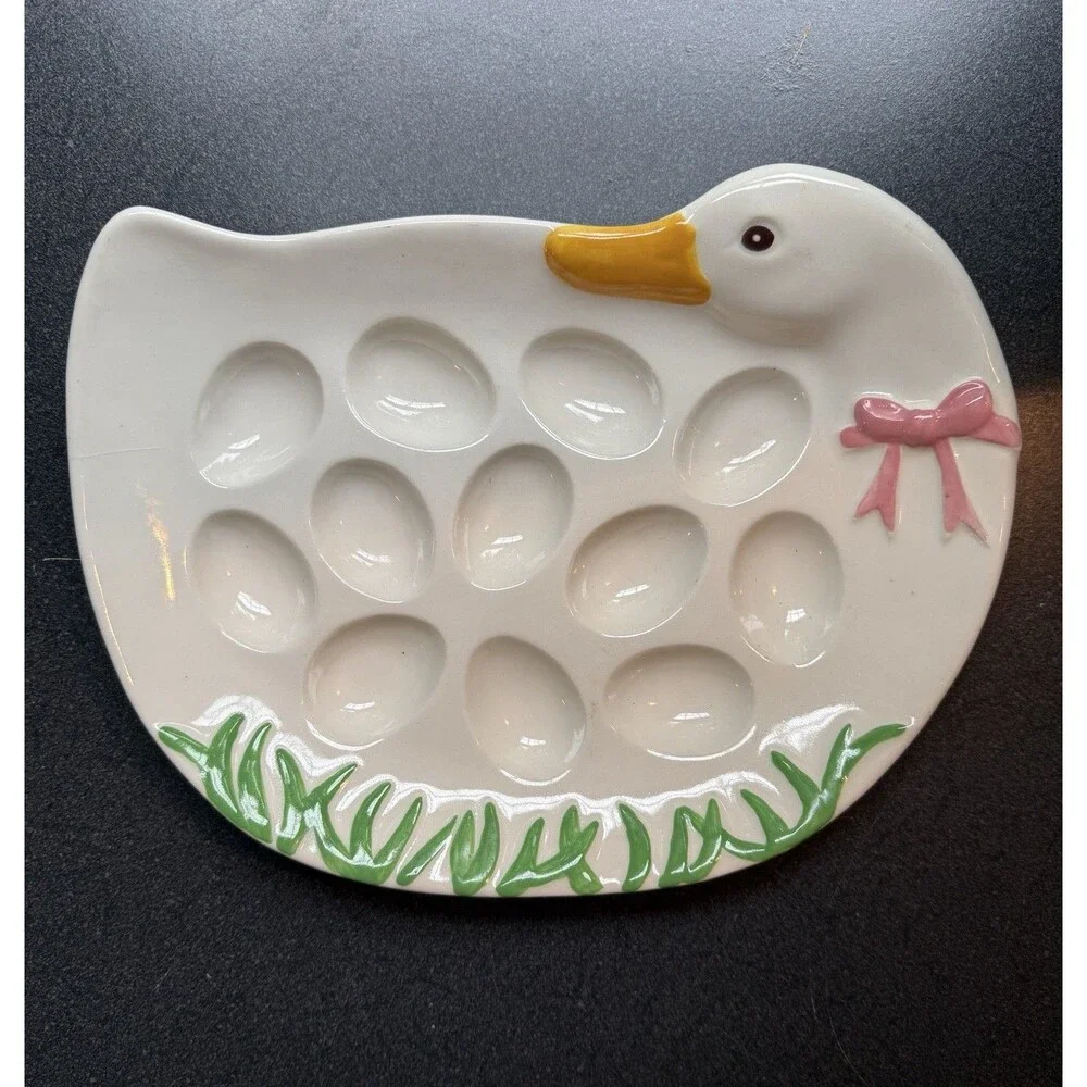 Vtg Treasure Craft Duck Goose Deviled Egg Serving Platter Ceramic 12 Egg Easter