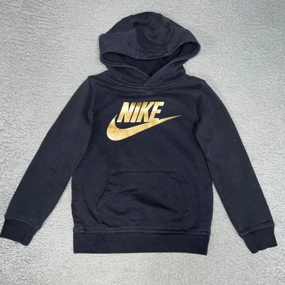 Nike Sportswear Club Hoodie Youth Sz‎ M 5-6Years Black Metallic Gold Logo Fleece