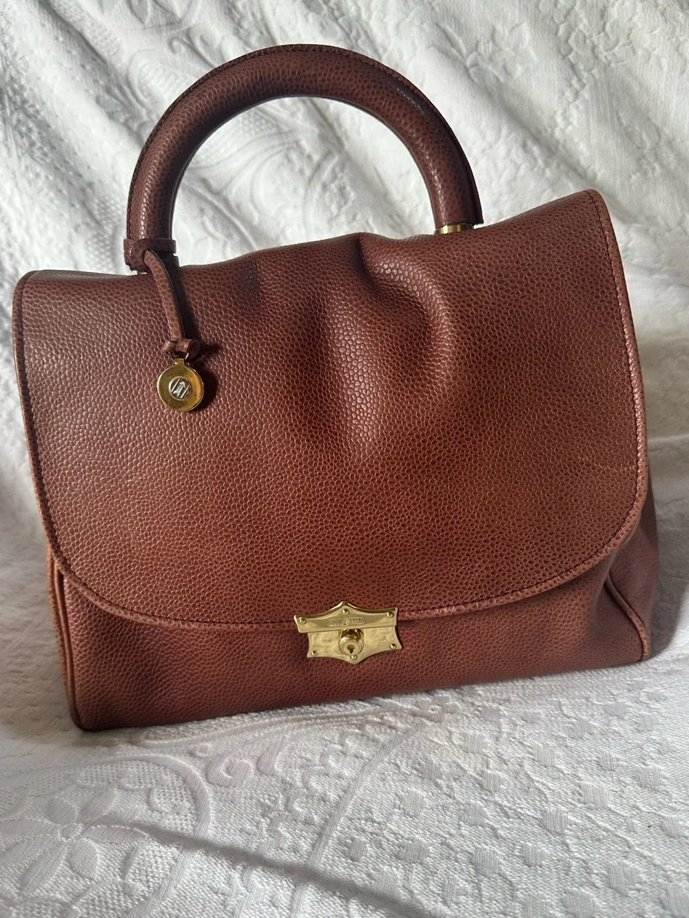 Vintage GOLDPFEIL Germany Brown Pebble Leather Top Handle Satchel Bag Brass Lock