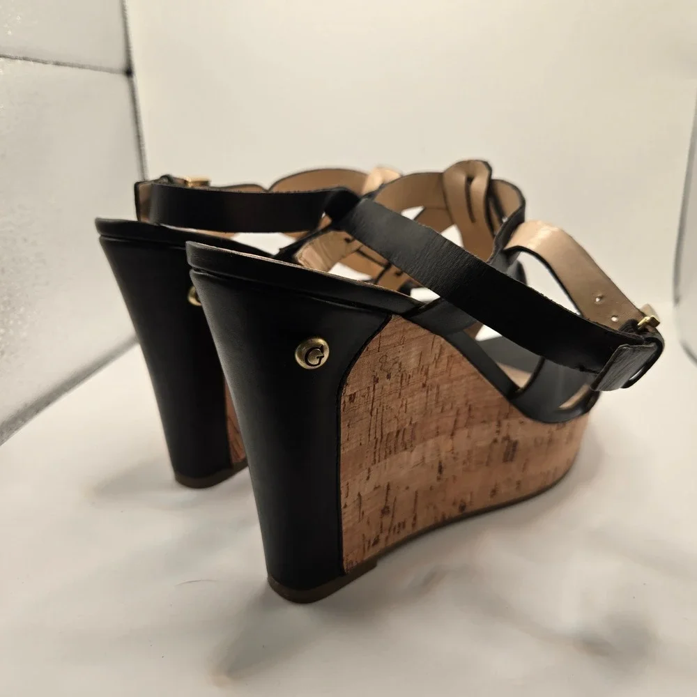 Guess Wedge Sandals Womens 8.5 Black  Leather Cork Strappy Platform (S11)