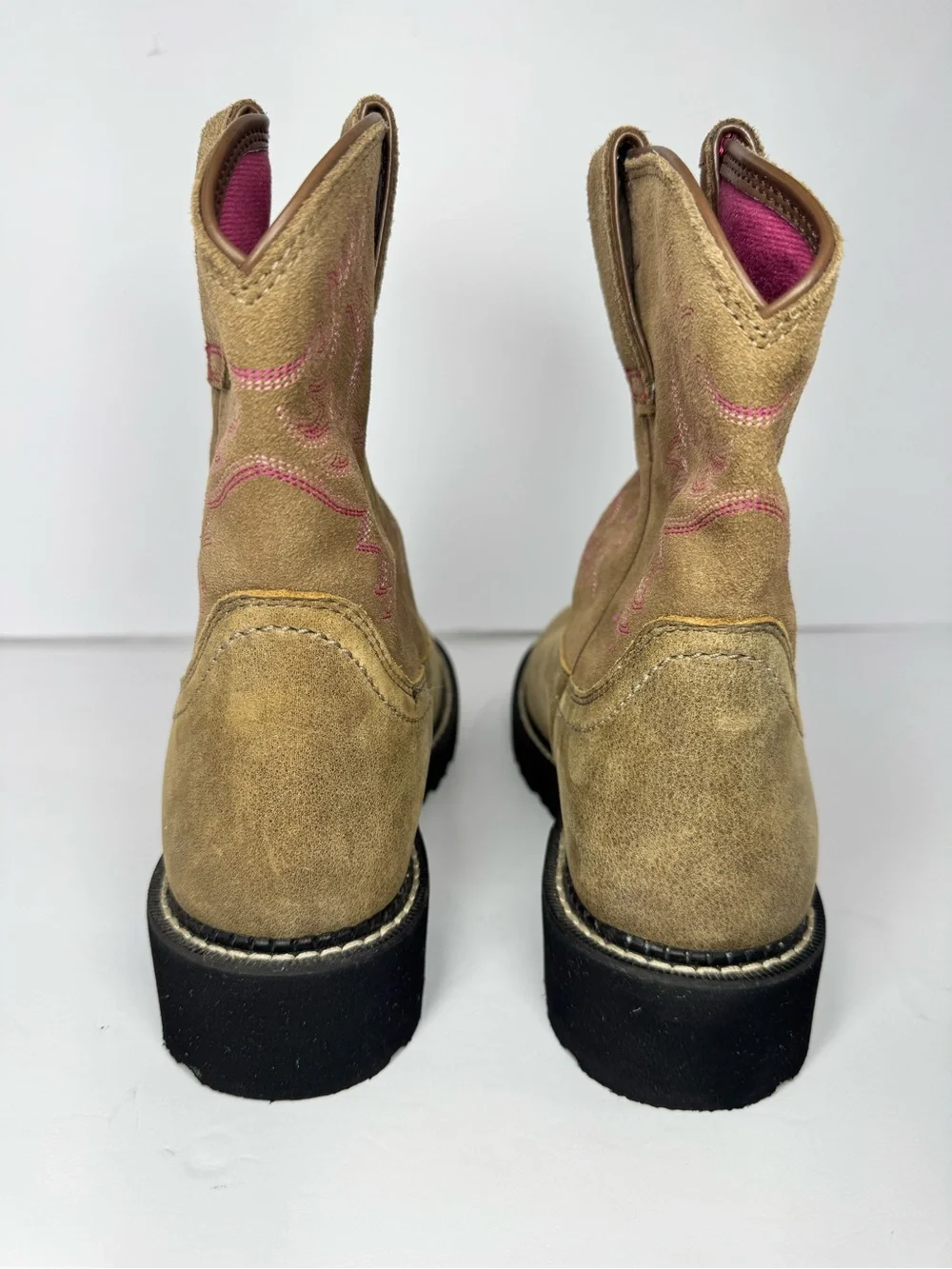 Ariat Tan Suede Western Ankle Booties with Pink Stitching size 8.5