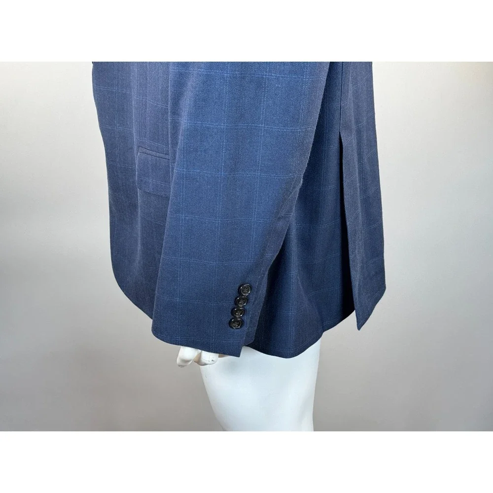 Ralph Lauren Silk Wool Blazer Mens 52L‎ Plaid Lined 2-Button Double-Vented Blue