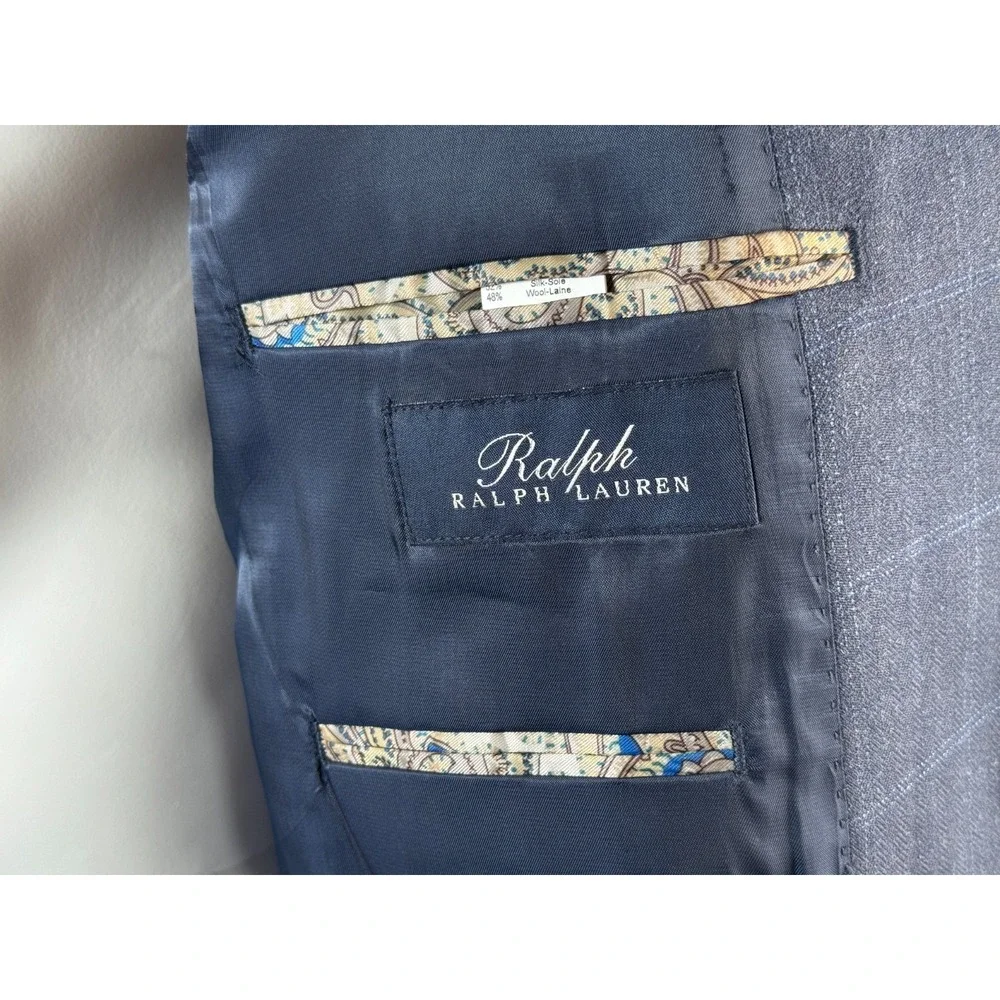 Ralph Lauren Silk Wool Blazer Mens 52L‎ Plaid Lined 2-Button Double-Vented Blue