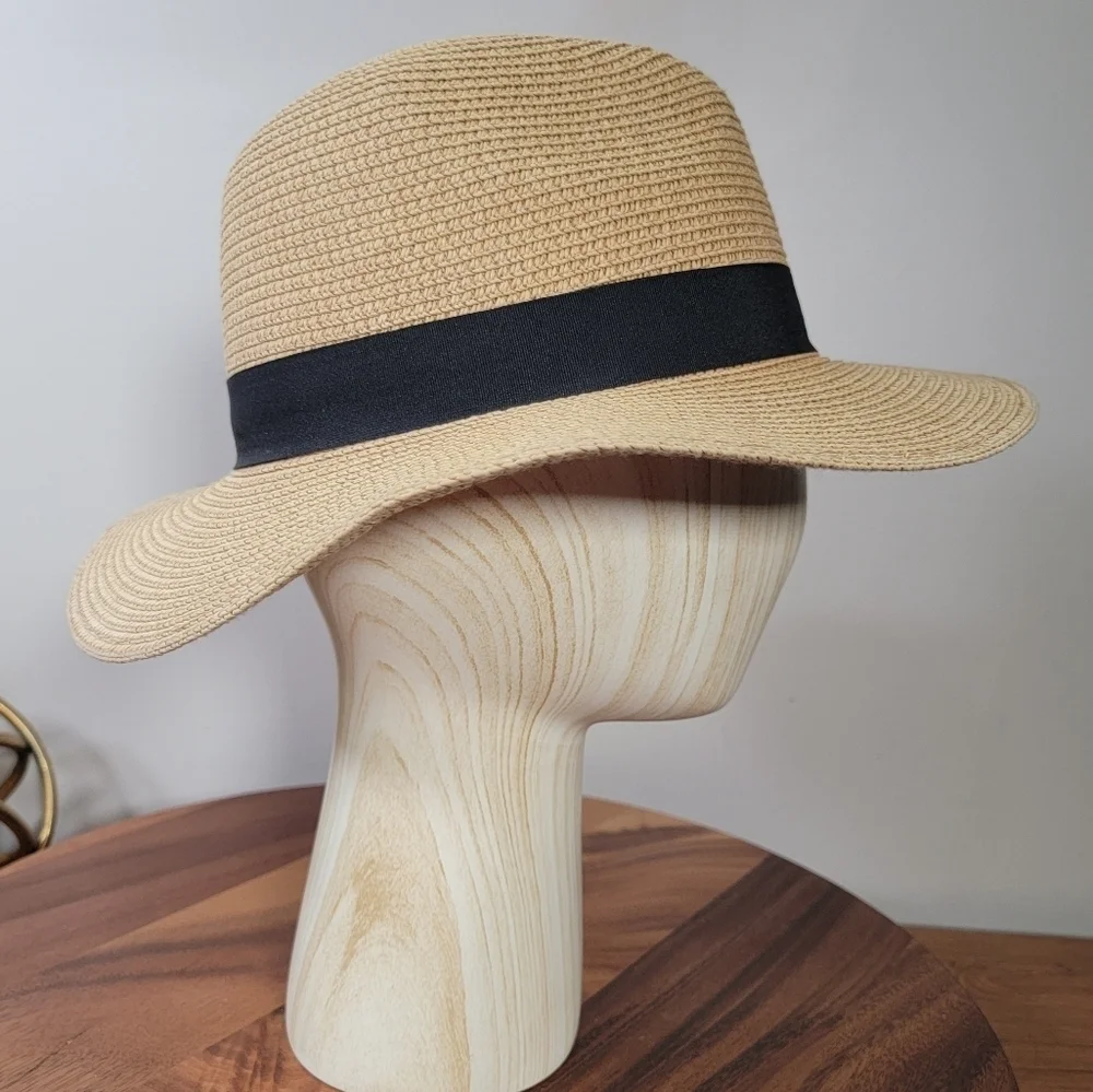 Summer Sun Hat Women's One Size Tan Fedora with Black Band Paper Straw Woven