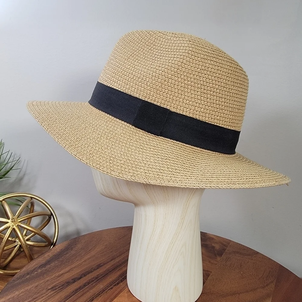 Summer Sun Hat Women's One Size Tan Fedora with Black Band Paper Straw Woven