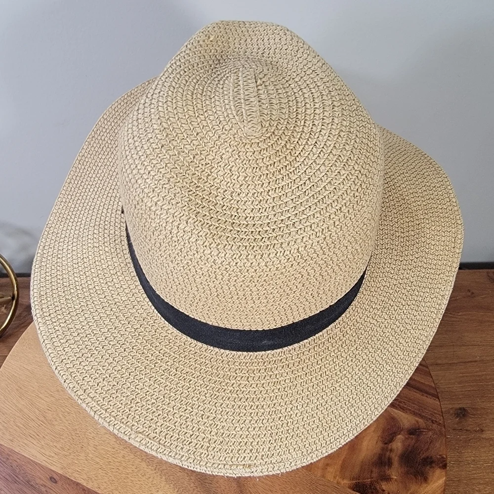 Summer Sun Hat Women's One Size Tan Fedora with Black Band Paper Straw Woven