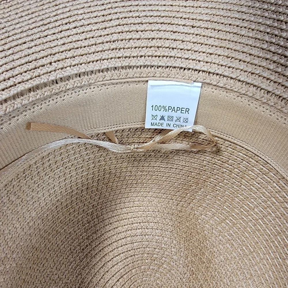 Summer Sun Hat Women's One Size Tan Fedora with Black Band Paper Straw Woven
