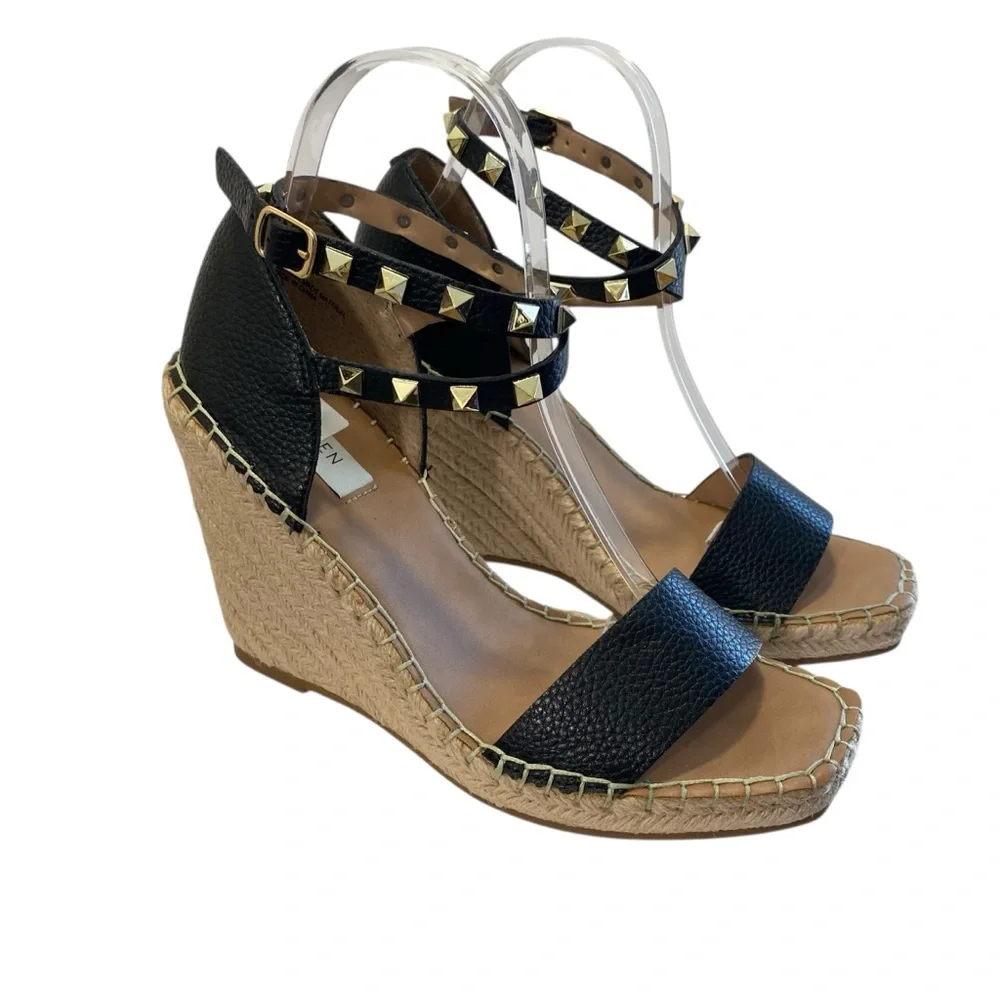 Steven New‎ York Espadrilles Yute Kinlee Wedges Sandals 8.5 Black Tan Nautical