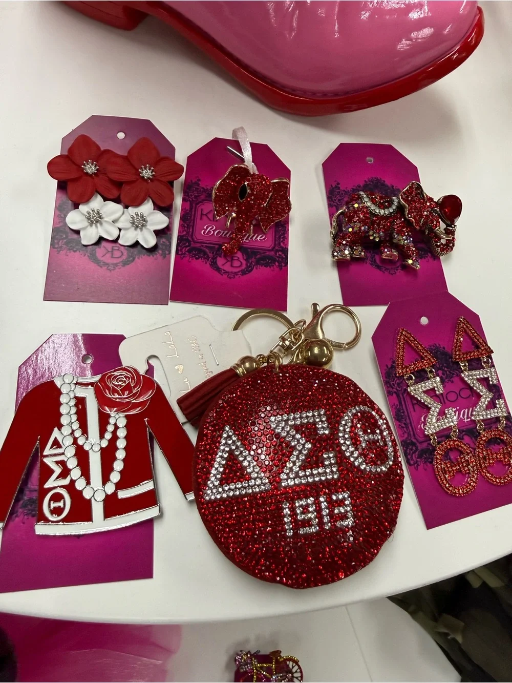 New 6 PC Red Delta Sigma Theta Rhinestone Keychain, Earrings, Ring, Brooch