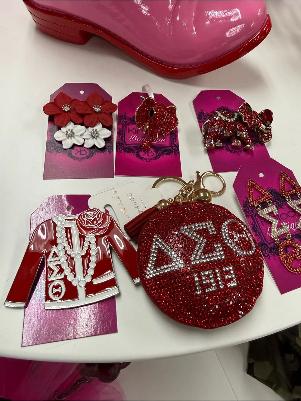 New 6 PC Red Delta Sigma Theta Rhinestone Keychain, Earrings, Ring, Brooch