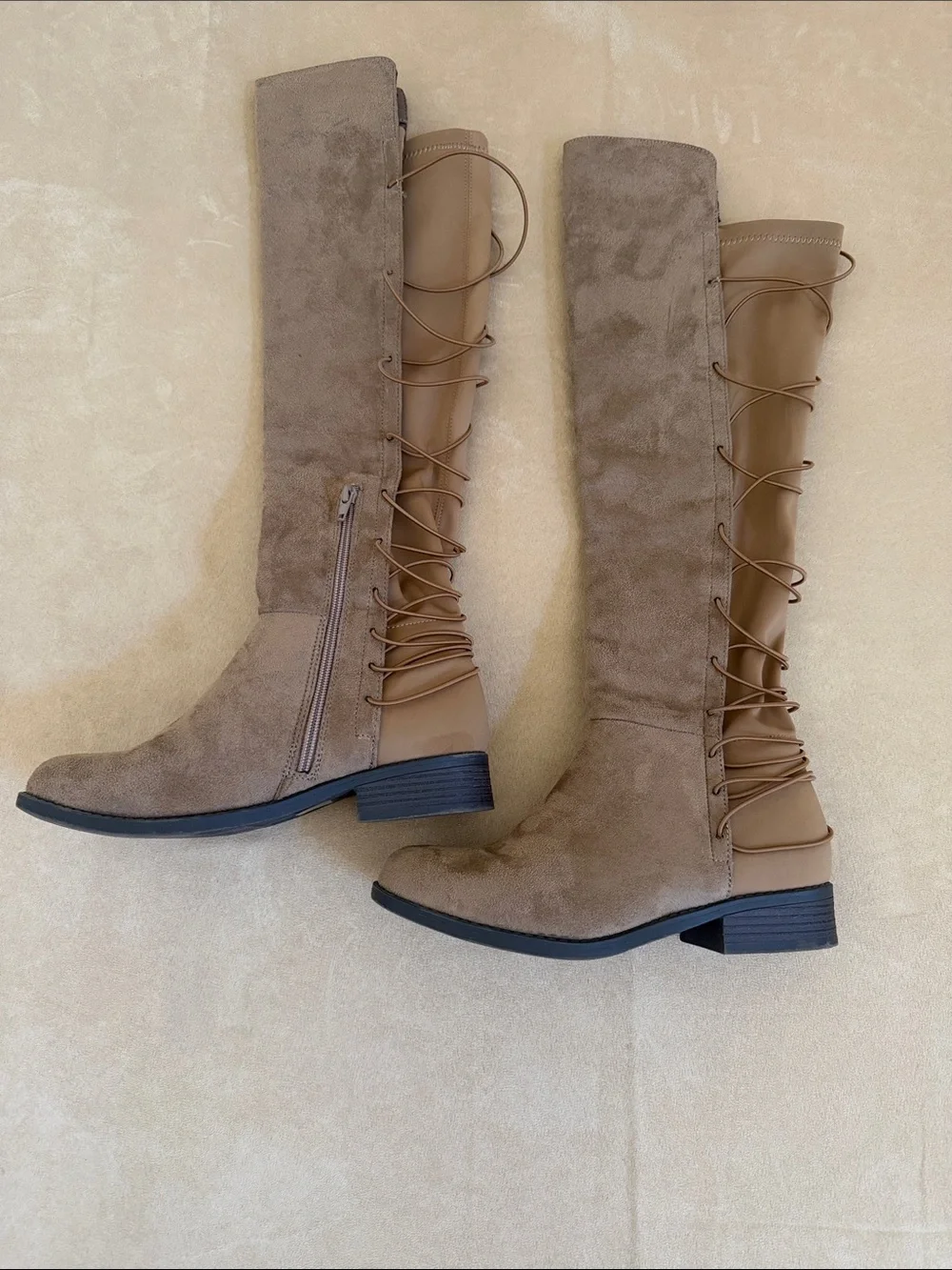 Over-the-Knee Lace-Up Taupe Boots with Side Zip size 7