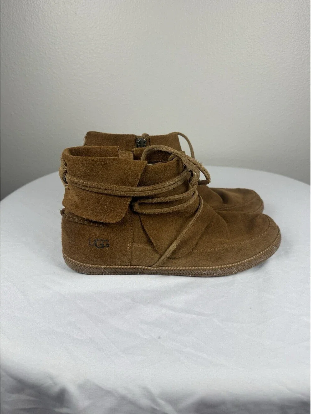 UGG Reid 1019129 Womens 8 Chestnut Suede Ankle Boots Wrap Lace Moccasin Zip