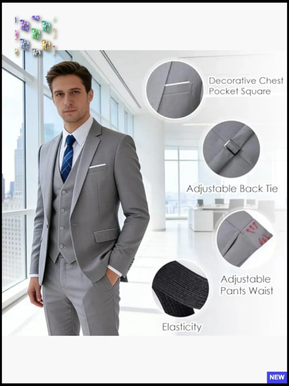 Regular Fit 3-Piece Suit Set Classic Formal Blazer Vest Pants Business Wedding