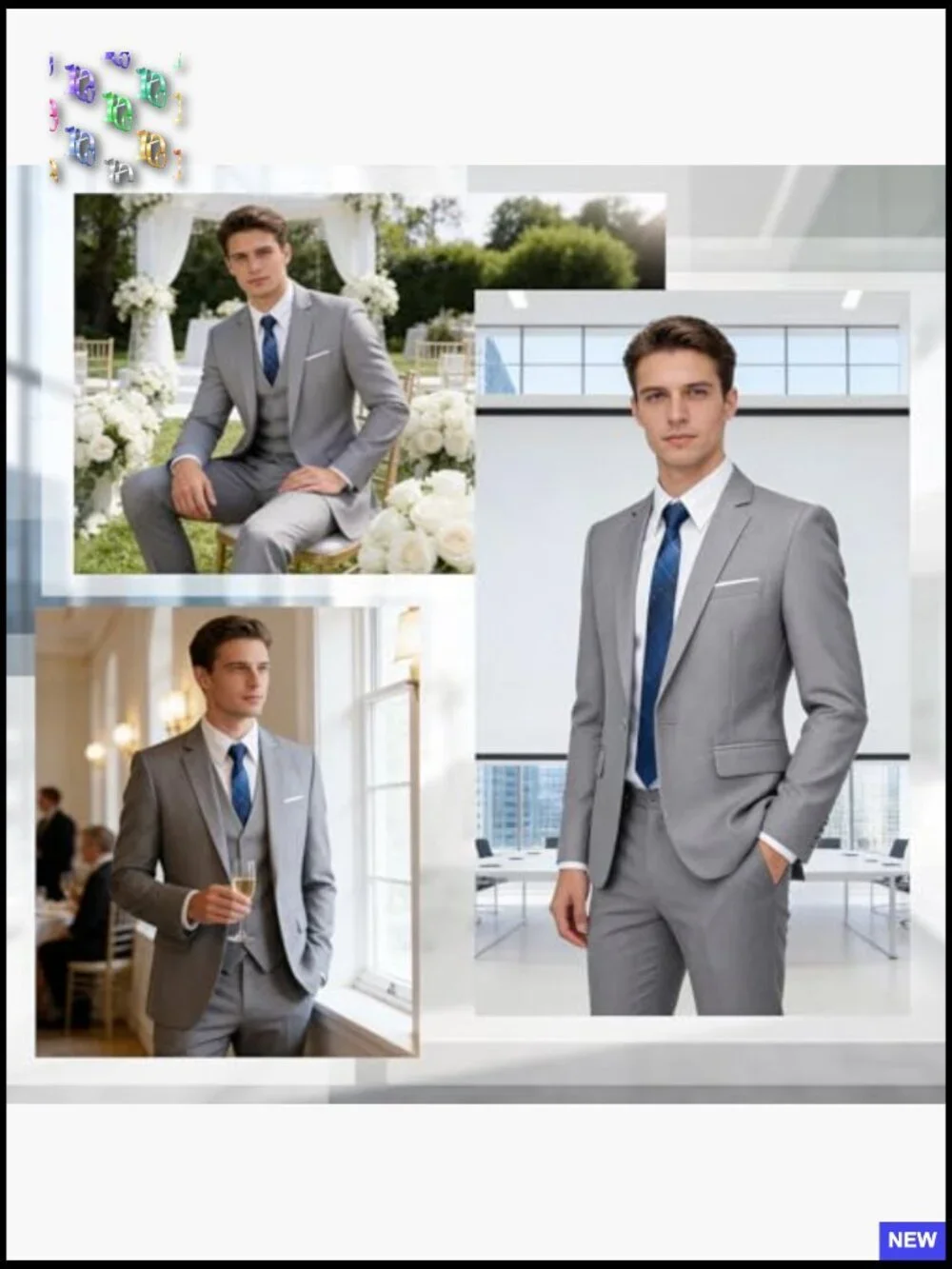Regular Fit 3-Piece Suit Set Classic Formal Blazer Vest Pants Business Wedding