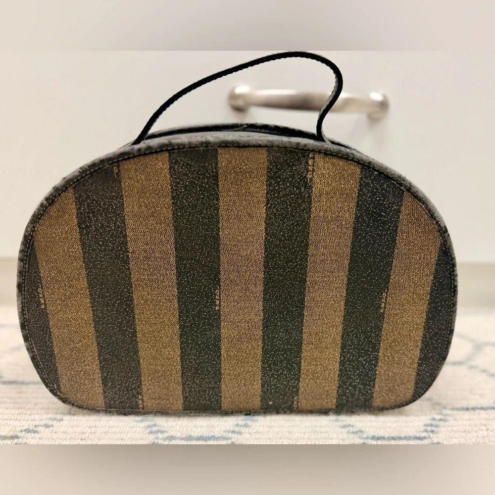FENDI Vintage Pequin Stripe Brown Black Coated Canvas Vanity Case Cosmetic Bag