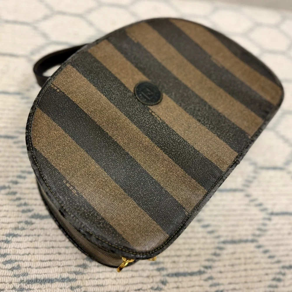 FENDI Vintage Pequin Stripe Brown Black Coated Canvas Vanity Case Cosmetic Bag
