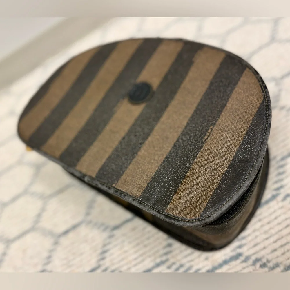 FENDI Vintage Pequin Stripe Brown Black Coated Canvas Vanity Case Cosmetic Bag