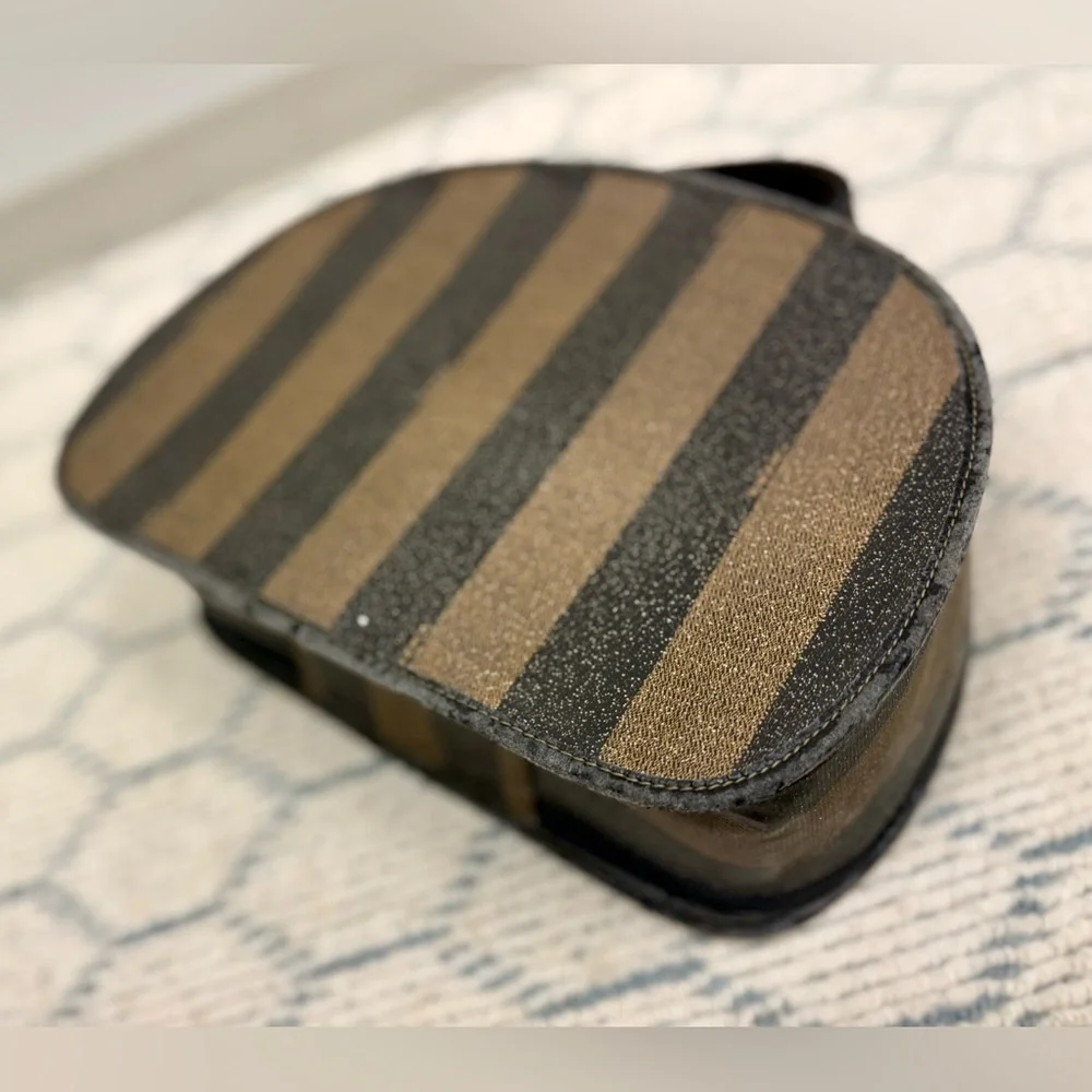 FENDI Vintage Pequin Stripe Brown Black Coated Canvas Vanity Case Cosmetic Bag