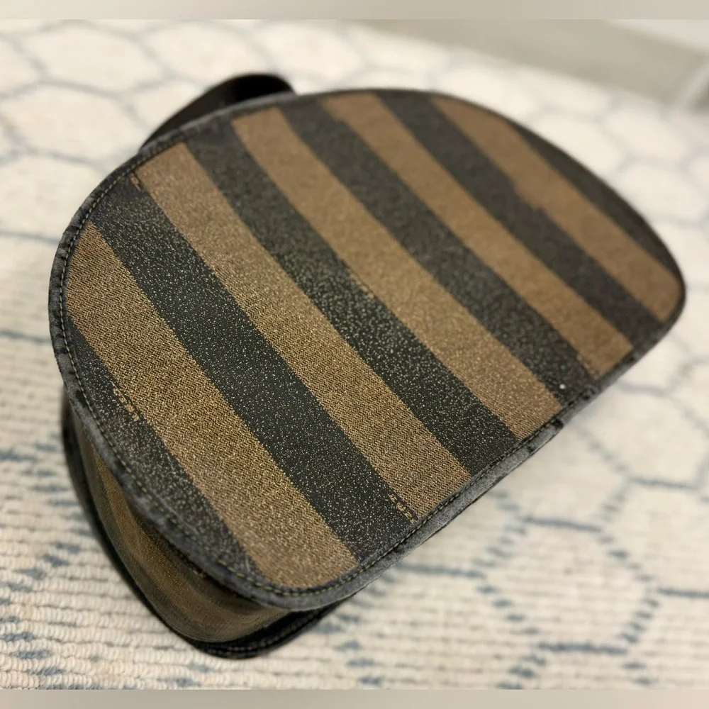 FENDI Vintage Pequin Stripe Brown Black Coated Canvas Vanity Case Cosmetic Bag