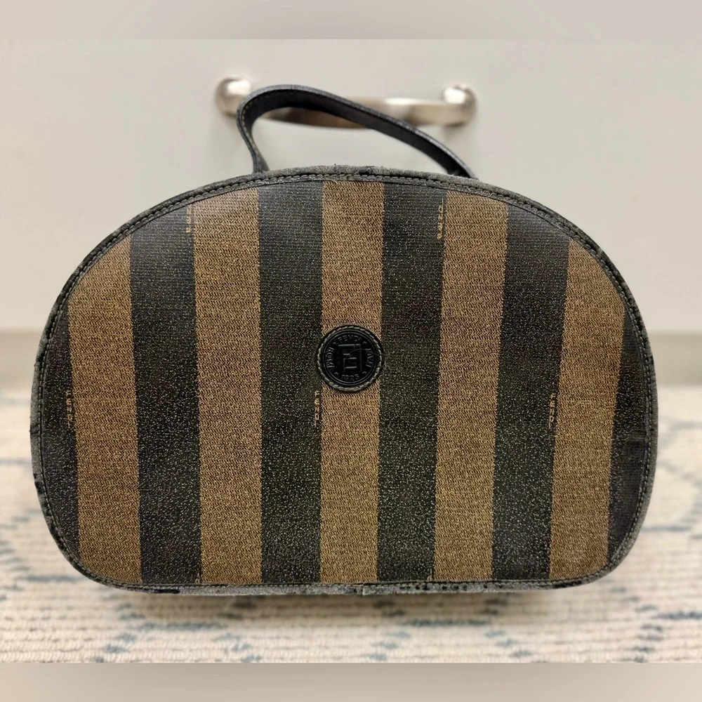 FENDI Vintage Pequin Stripe Brown Black Coated Canvas Vanity Case Cosmetic Bag