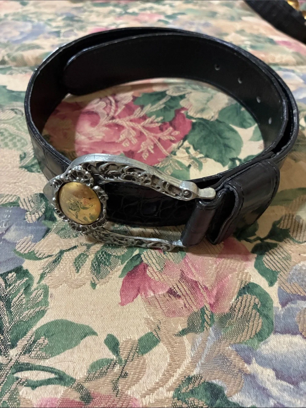 Black Croc-Texture Leather Belt with Ornate Silver & Gold Buckle
