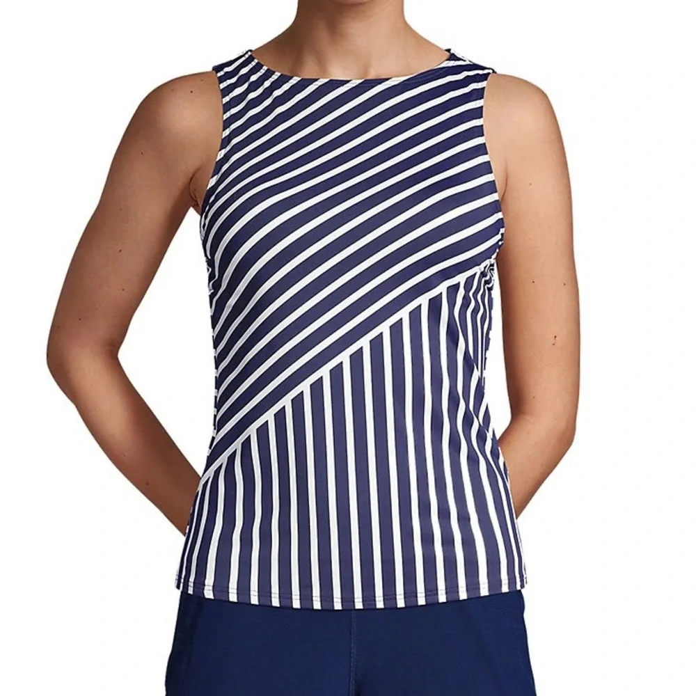 LAND'S END Navy/WHT Stripe High Neck Modest/Full Coverage Tankini Swim Top 16DD