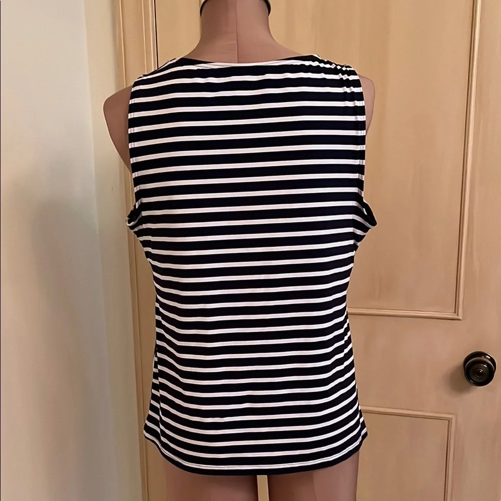LAND'S END Navy/WHT Stripe High Neck Modest/Full Coverage Tankini Swim Top 16DD
