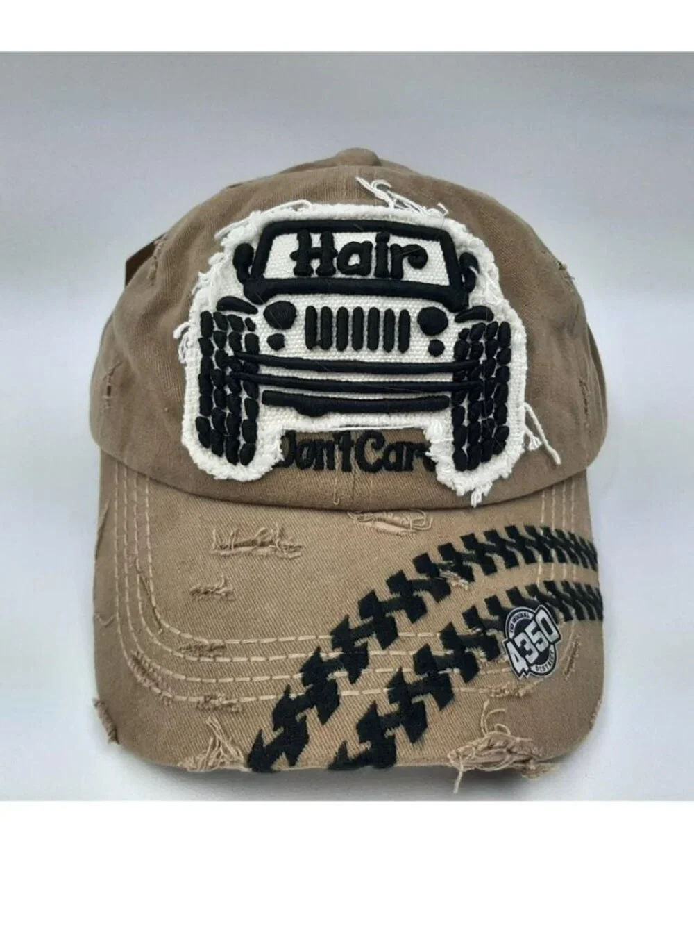 Retro Distressed 4x4 Off Road Patch Hat Hair Don't Care Khaki Dad Cap New