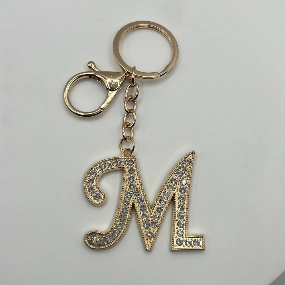 381. Gold Keychain with Rhinestones Initial M Keychain