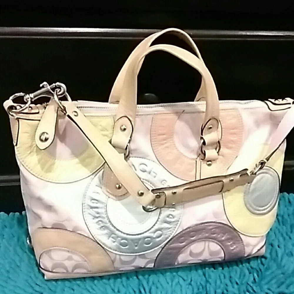 Coach Multicolor Pastel Circle Patchwork Satchel - Cream, Pink, Yellow, Lilac