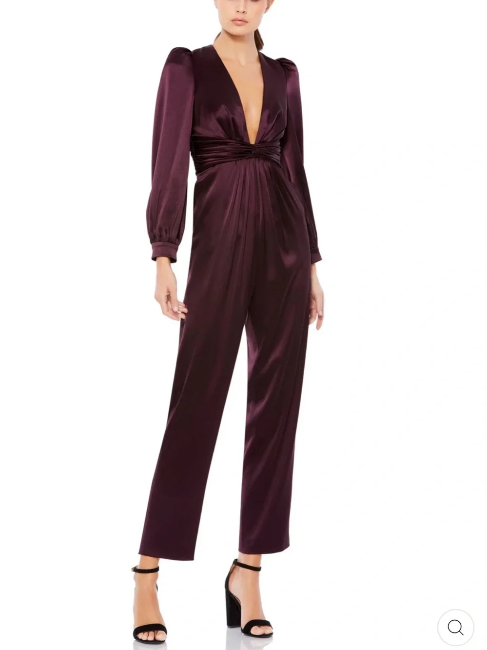 NWOT Mac Duggal Plunging Satin Jumpsuit in Plum
