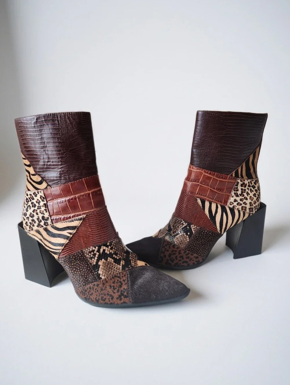 Jeffrey Campbell Caballeros La Siren Mixed Media Calf-hair Patchwork Boots 8.5